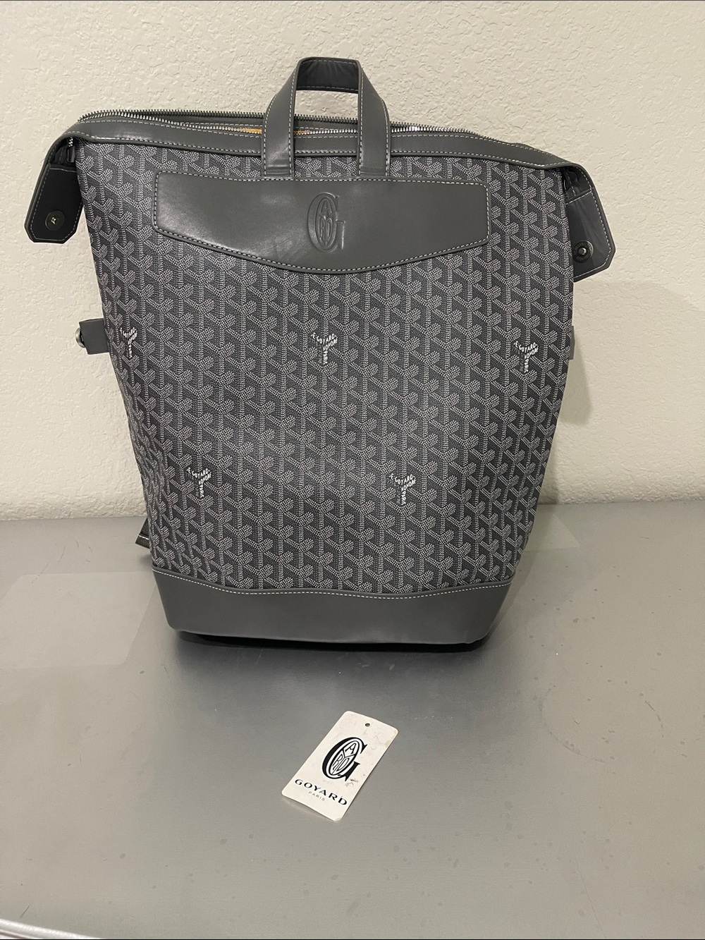 Goyard Gray Chevron Canvas Backpack with Leather Trim. Firm on price!